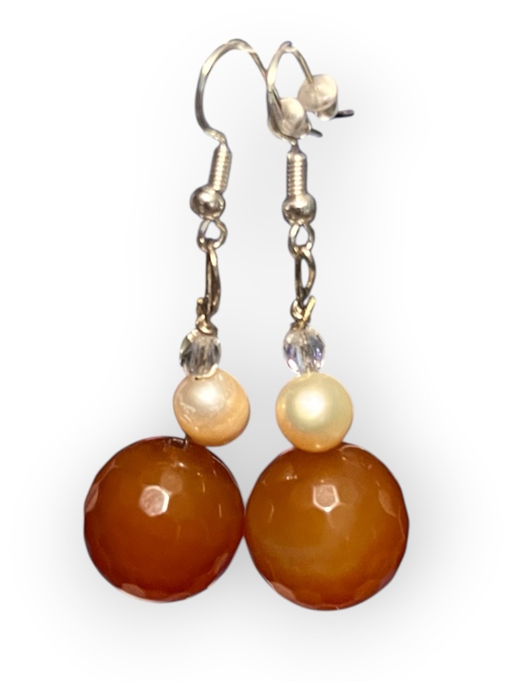 14mm Faceted Carnelian Drop Earrings with Fresh Water Pearl & Crystal Accent